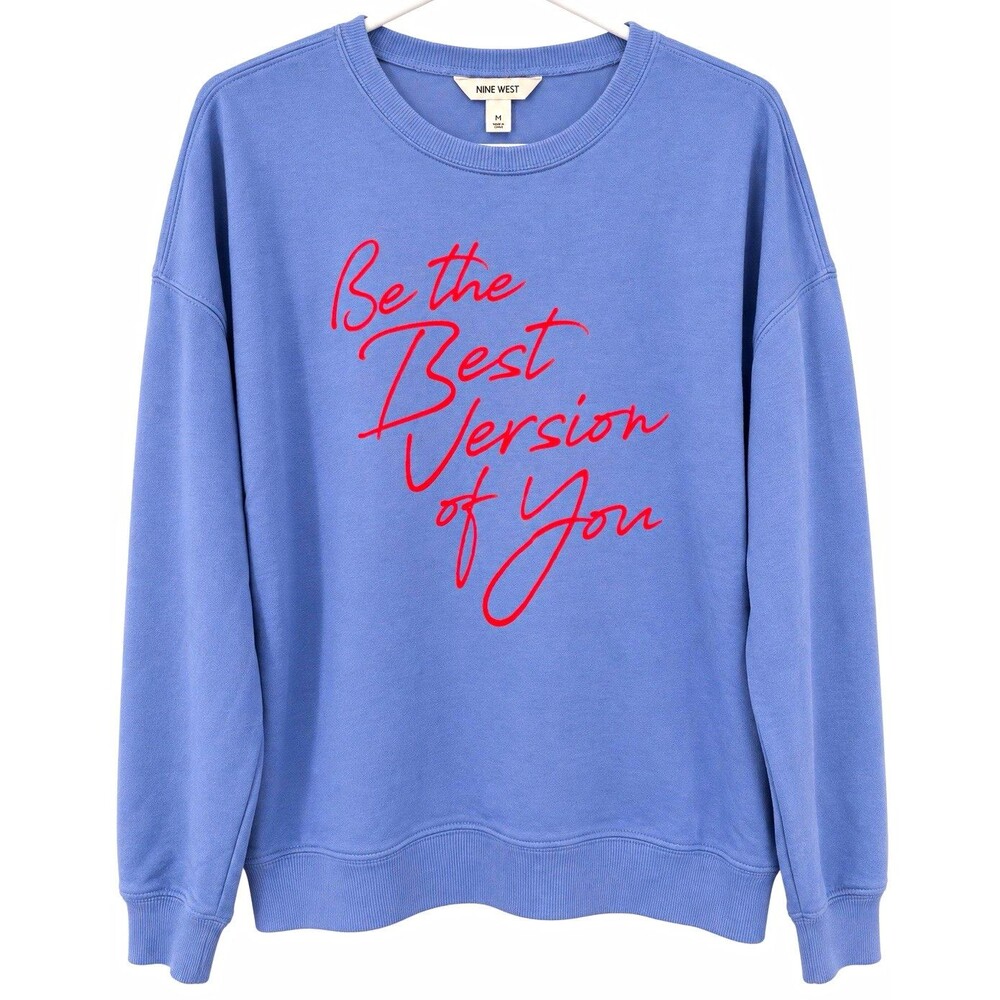 Nine West Women's M Blue Solid Crew Neck Graphic Print Pullover Sweatshirt